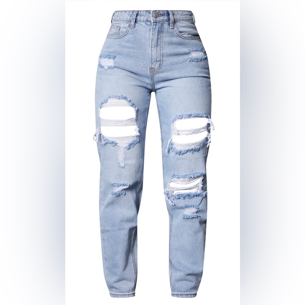 ๐ NWT PRETTYLITTLETHING Washed Distressed High Rise Mom Jeans in Light Blue Sz 8 - Picture 4 of 7